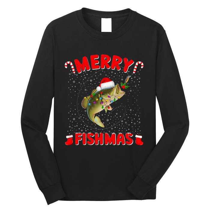 Merry Fishmas Christmas Bass Fishing Xmas Fishing Pajama Long Sleeve Shirt