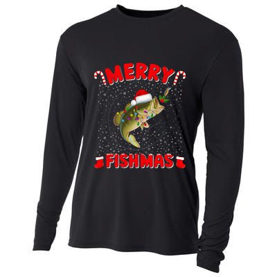 Merry Fishmas Christmas Bass Fishing Xmas Fishing Pajama Cooling Performance Long Sleeve Crew