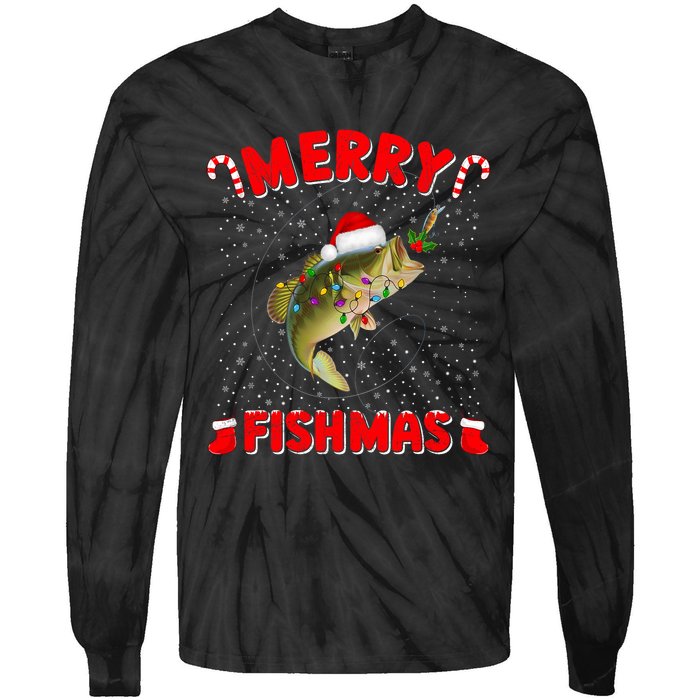 Merry Fishmas Christmas Bass Fishing Xmas Fishing Pajama Tie-Dye Long Sleeve Shirt