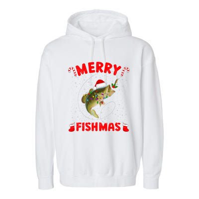 Merry Fishmas Christmas Bass Fishing Xmas Fishing Pajama Garment-Dyed Fleece Hoodie