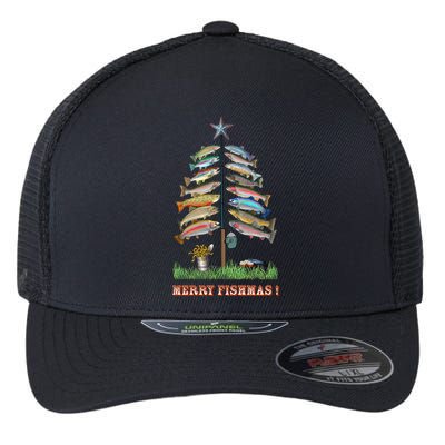 Merry Fishmas Christmas Fish Tree Xmas Lights Fishing Rod Flexfit Unipanel Trucker Cap