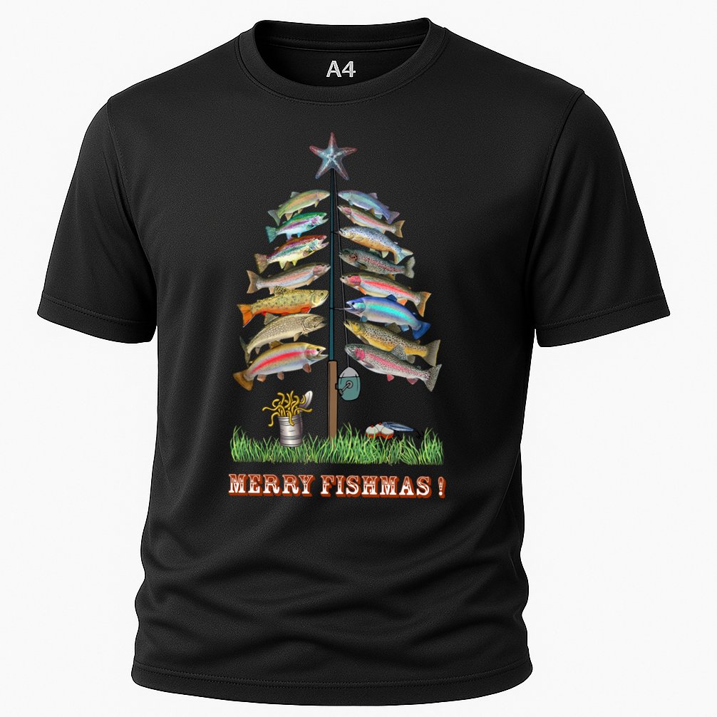Merry Fishmas Christmas Fish Tree Xmas Lights Fishing Rod Cooling Performance Crew T-Shirt