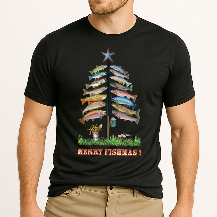 Merry Fishmas Christmas Fish Tree Xmas Lights Fishing Rod Cooling Performance Crew T-Shirt