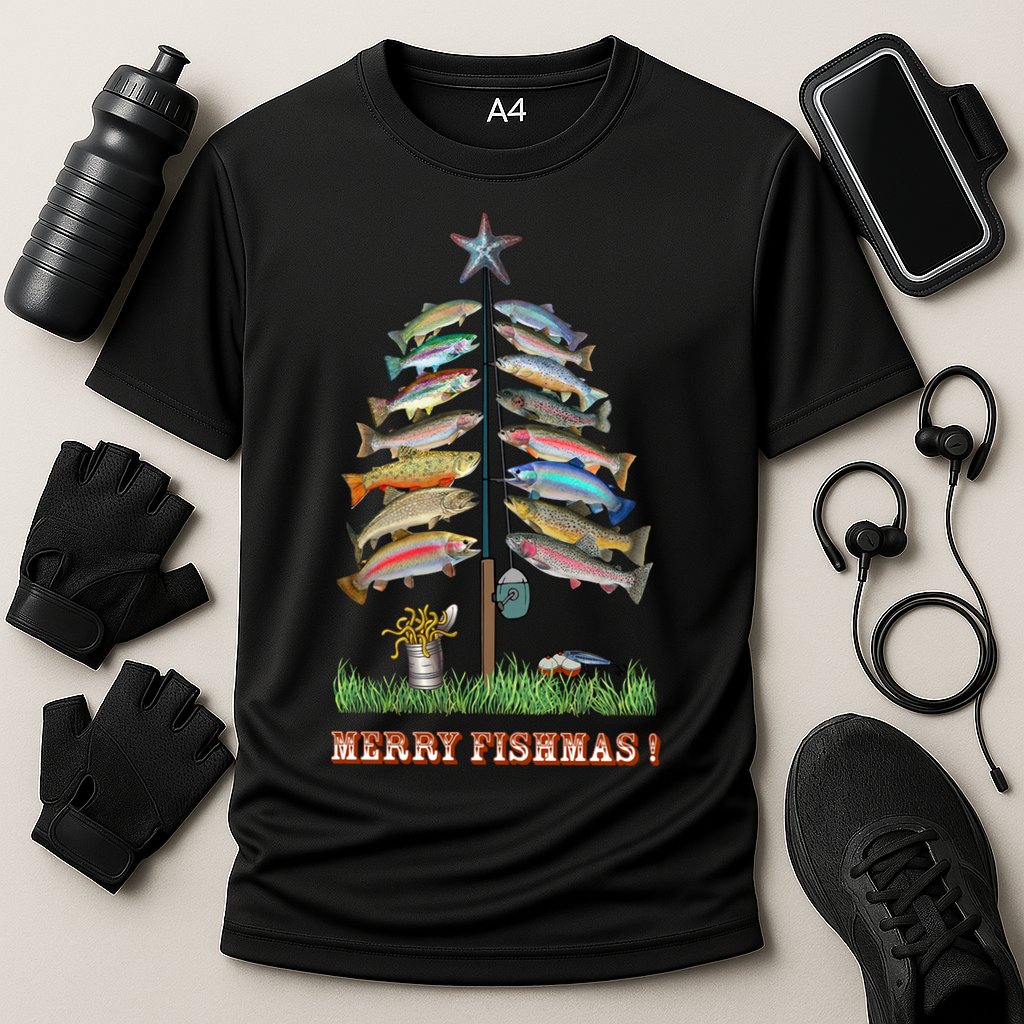 Merry Fishmas Christmas Fish Tree Xmas Lights Fishing Rod Cooling Performance Crew T-Shirt