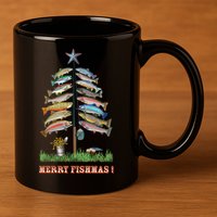 Merry Fishmas Christmas Fish Tree Xmas Lights Fishing Rod 11oz C Handle Ceramic Mug