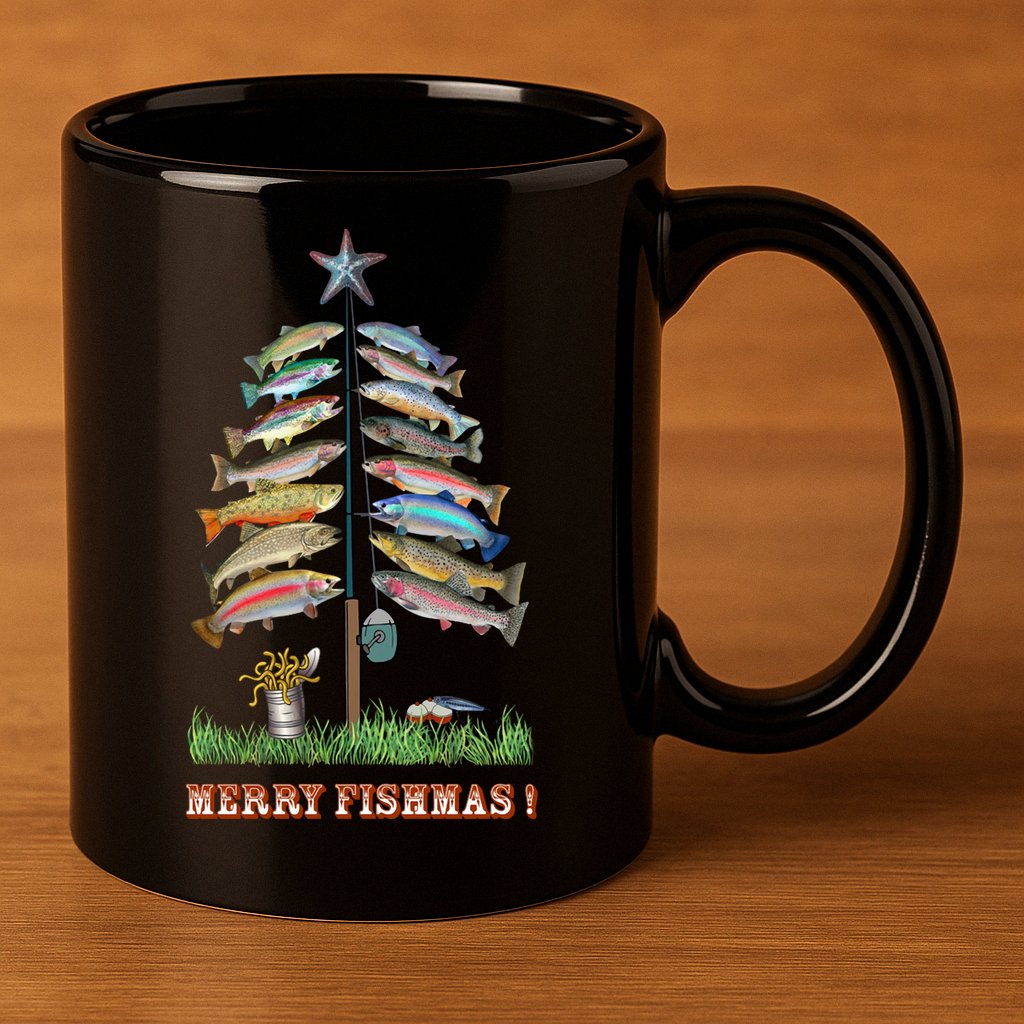 Merry Fishmas Christmas Fish Tree Xmas Lights Fishing Rod 11oz C Handle Ceramic Mug