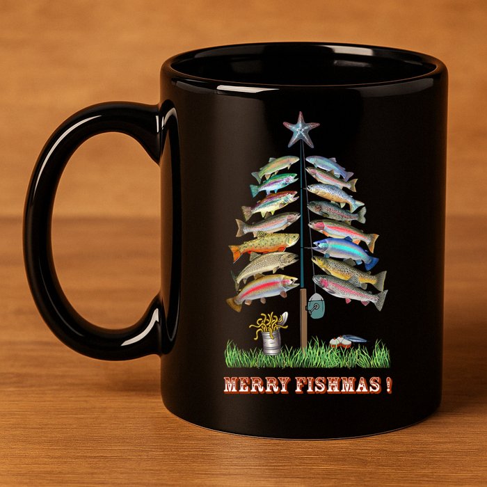 Merry Fishmas Christmas Fish Tree Xmas Lights Fishing Rod 11oz C Handle Ceramic Mug