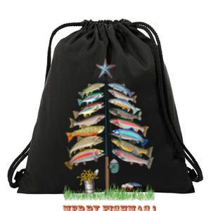 Merry Fishmas Christmas Fish Tree Xmas Lights Fishing Rod Drawstring Bag