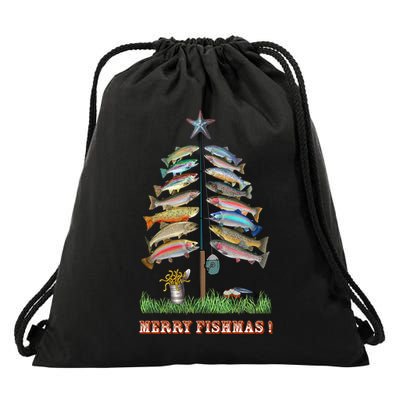 Merry Fishmas Christmas Fish Tree Xmas Lights Fishing Rod Drawstring Bag