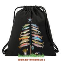 Merry Fishmas Christmas Fish Tree Xmas Lights Fishing Rod Drawstring Bag