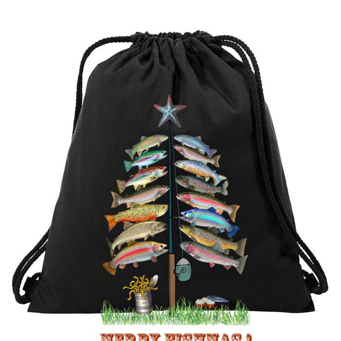 Merry Fishmas Christmas Fish Tree Xmas Lights Fishing Rod Drawstring Bag