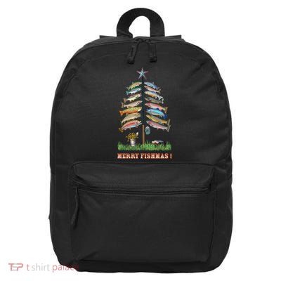 Merry Fishmas Christmas Fish Tree Xmas Lights Fishing Rod 16 in Basic Backpack