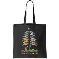 Merry Fishmas Christmas Fish Tree Xmas Lights Fishing Rod Tote Bag