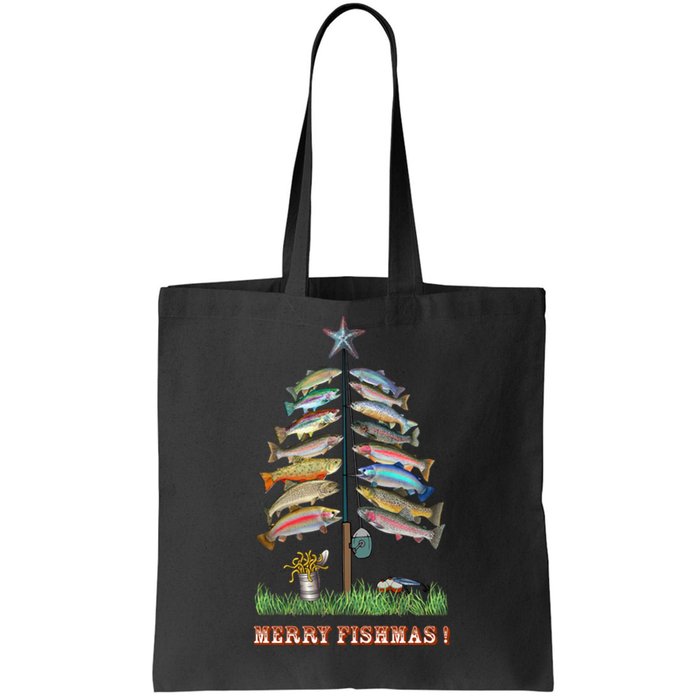 Merry Fishmas Christmas Fish Tree Xmas Lights Fishing Rod Tote Bag