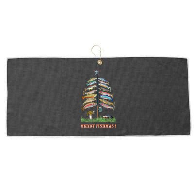 Merry Fishmas Christmas Fish Tree Xmas Lights Fishing Rod Large Microfiber Waffle Golf Towel