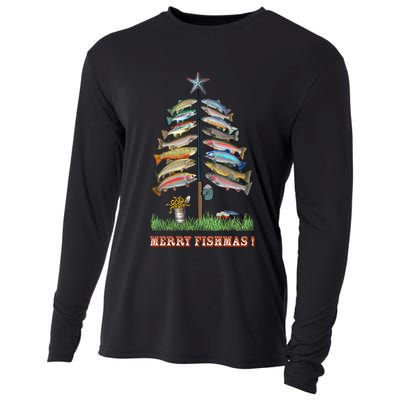 Merry Fishmas Christmas Fish Tree Xmas Lights Fishing Rod Cooling Performance Long Sleeve Crew