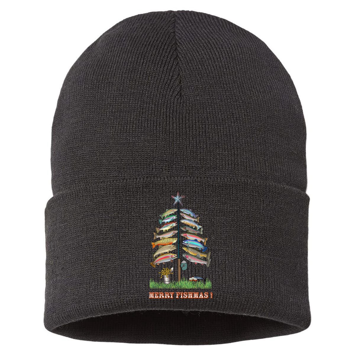 Merry Fishmas Christmas Fish Tree Xmas Lights Fishing Rod Sustainable Knit Beanie