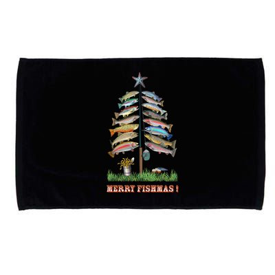 Merry Fishmas Christmas Fish Tree Xmas Lights Fishing Rod Microfiber Hand Towel