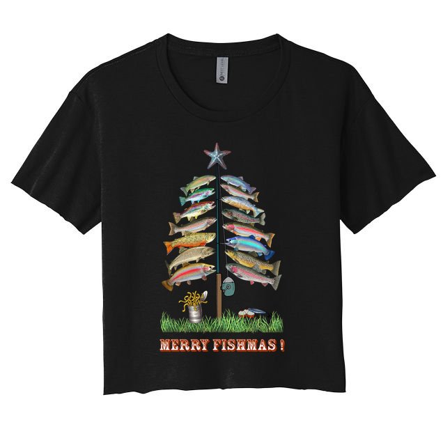 Merry Fishmas Christmas Fish Tree Xmas Lights Fishing Rod Crop Top
