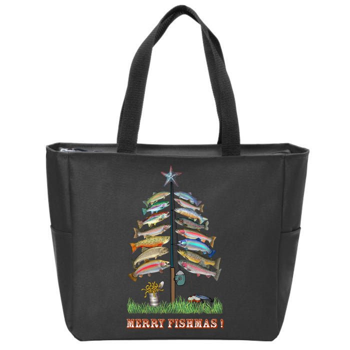 Merry Fishmas Christmas Fish Tree Xmas Lights Fishing Rod Zip Tote Bag