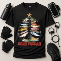 Merry Fishmas Christmas Tree Fish Funny Fishing Cooling Performance Crew T-Shirt
