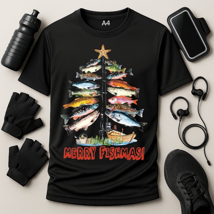 Merry Fishmas Christmas Tree Fish Funny Fishing Cooling Performance Crew T-Shirt