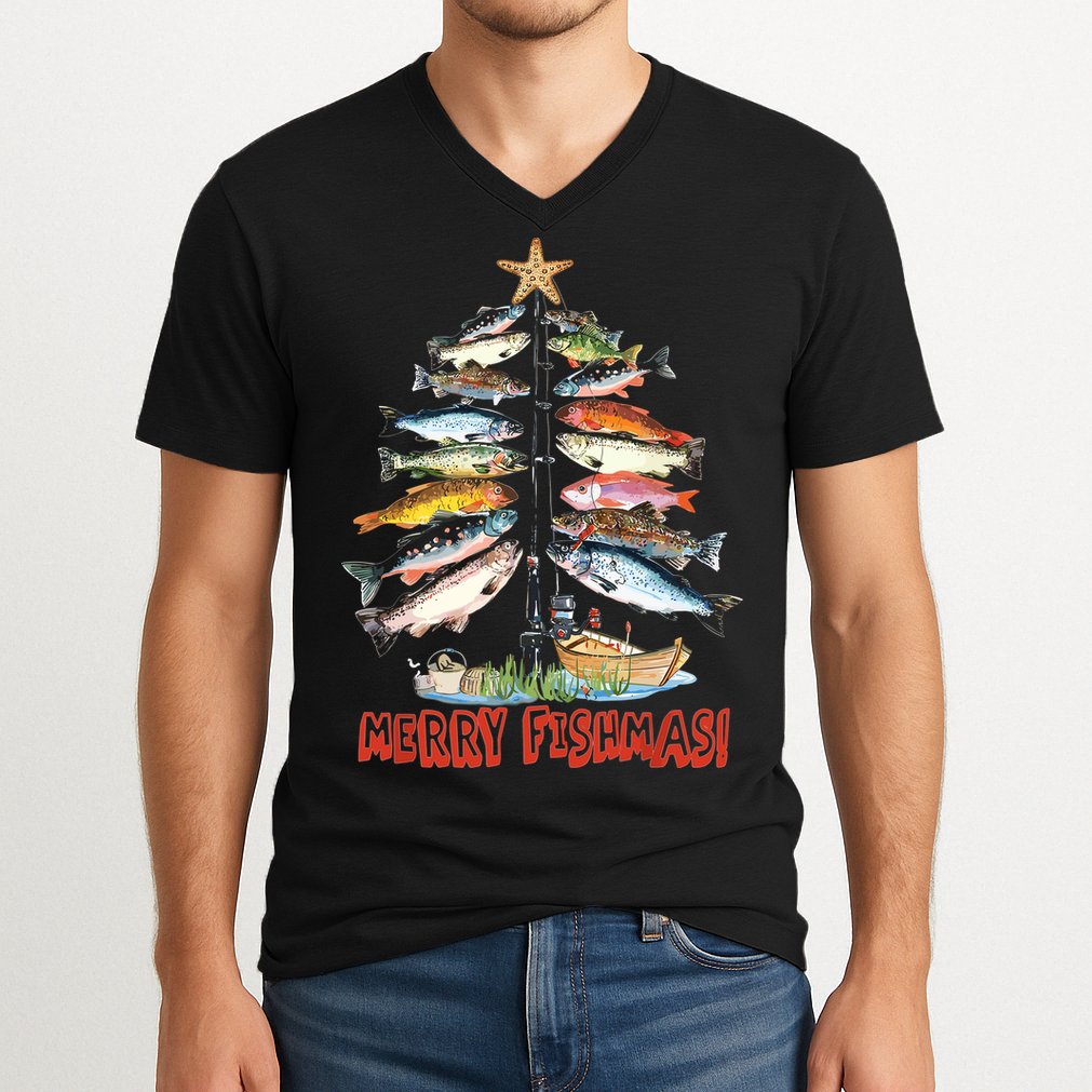 Merry Fishmas Christmas Tree Fish Funny Fishing V-Neck T-Shirt