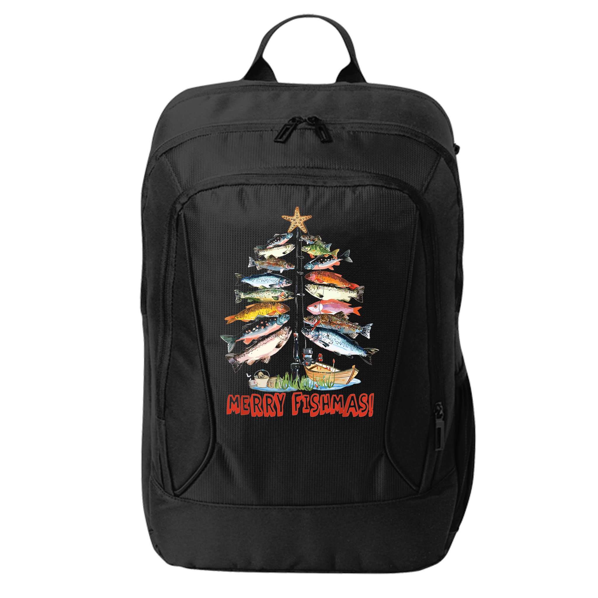 Merry Fishmas Christmas Tree Fish Funny Fishing City Backpack