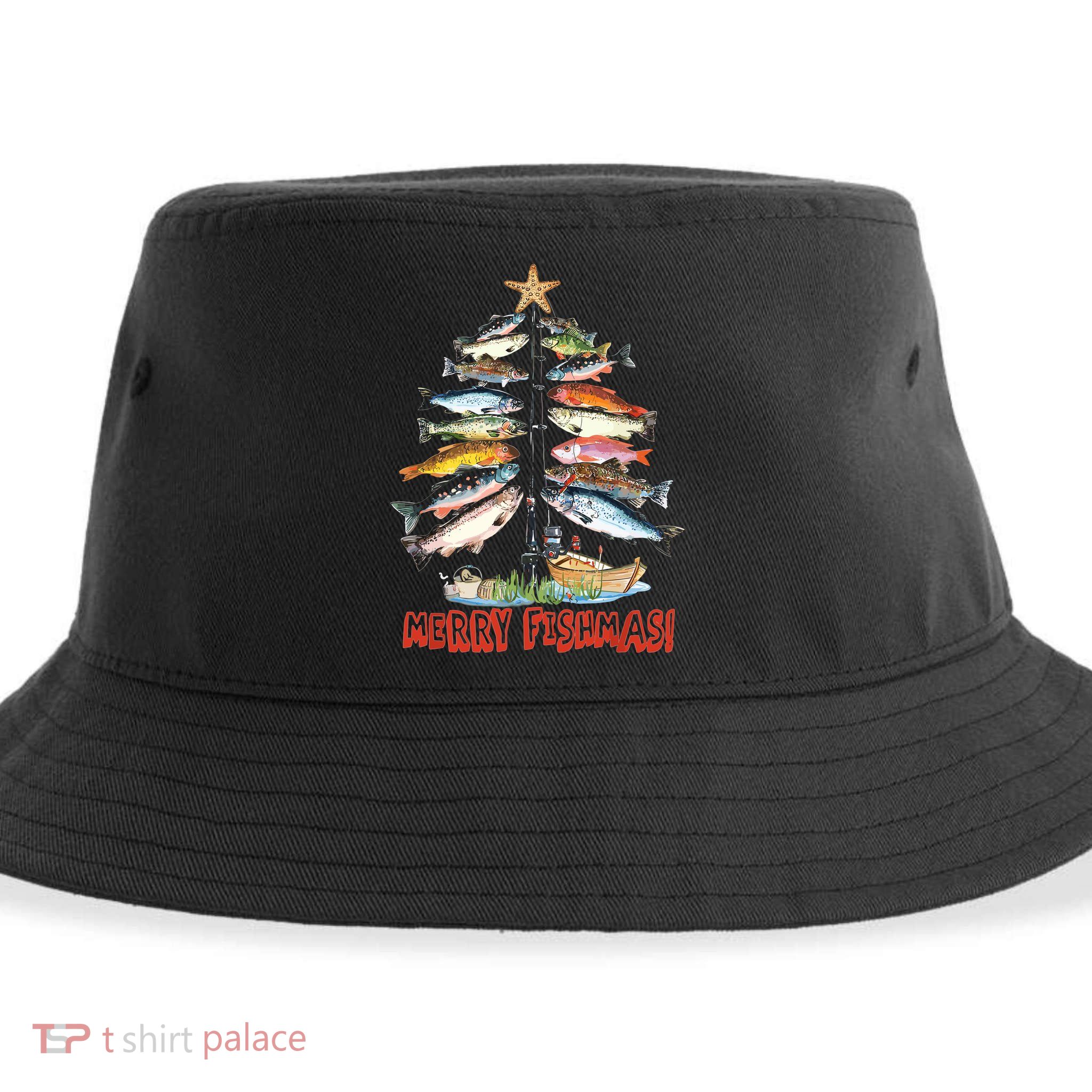 Merry Fishmas Christmas Tree Fish Funny Fishing Sustainable Bucket Hat