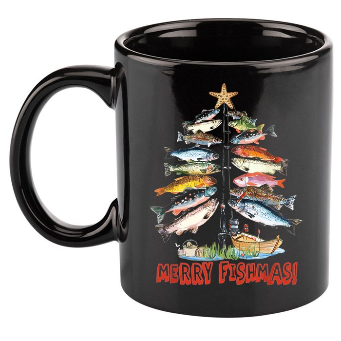 Merry Fishmas Christmas Tree Fish Funny Fishing 11oz C Handle Ceramic Mug