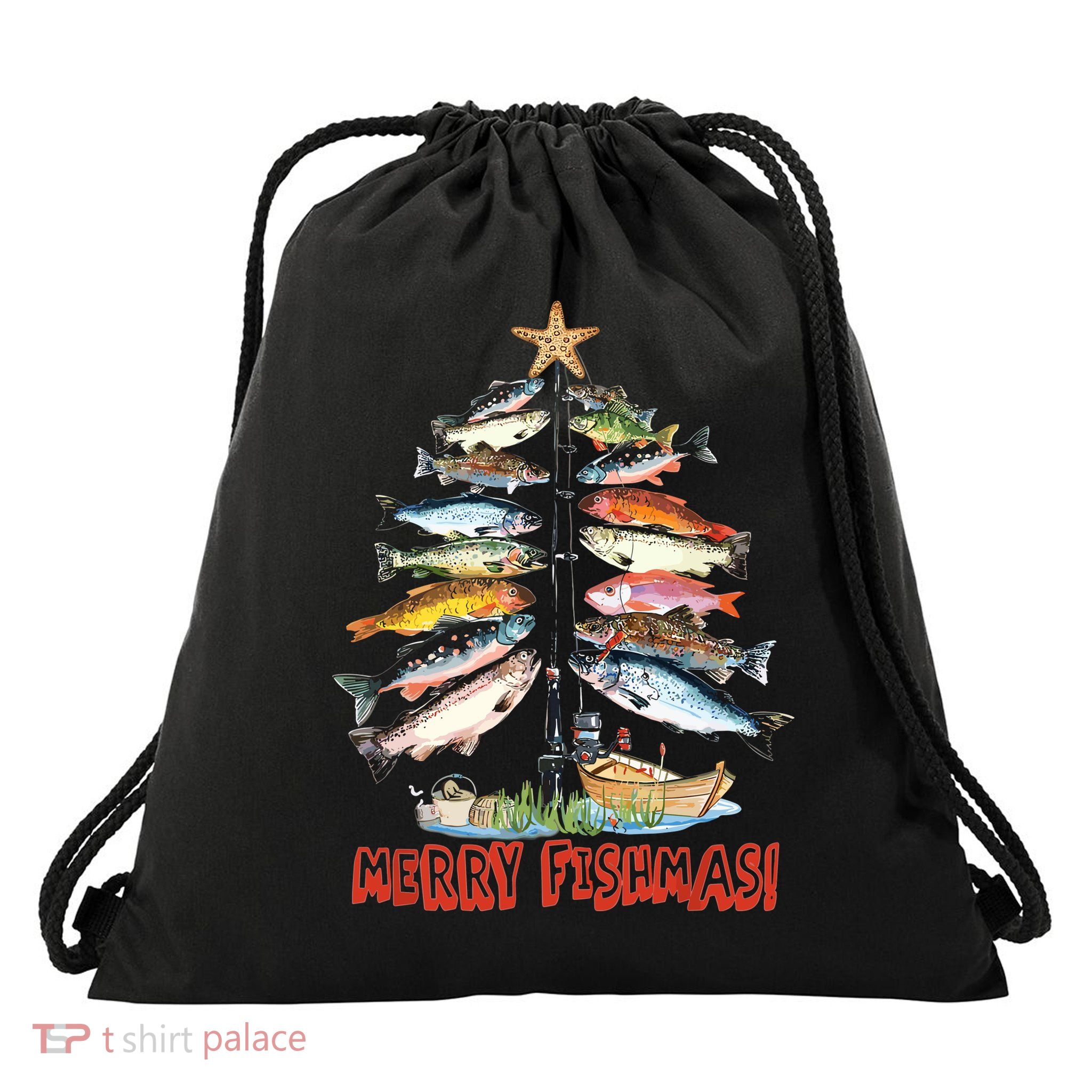 Merry Fishmas Christmas Tree Fish Funny Fishing Drawstring Bag