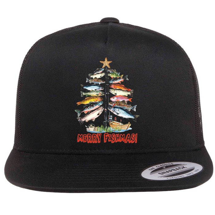 Merry Fishmas Christmas Tree Fish Funny Fishing Flat Bill Trucker Hat