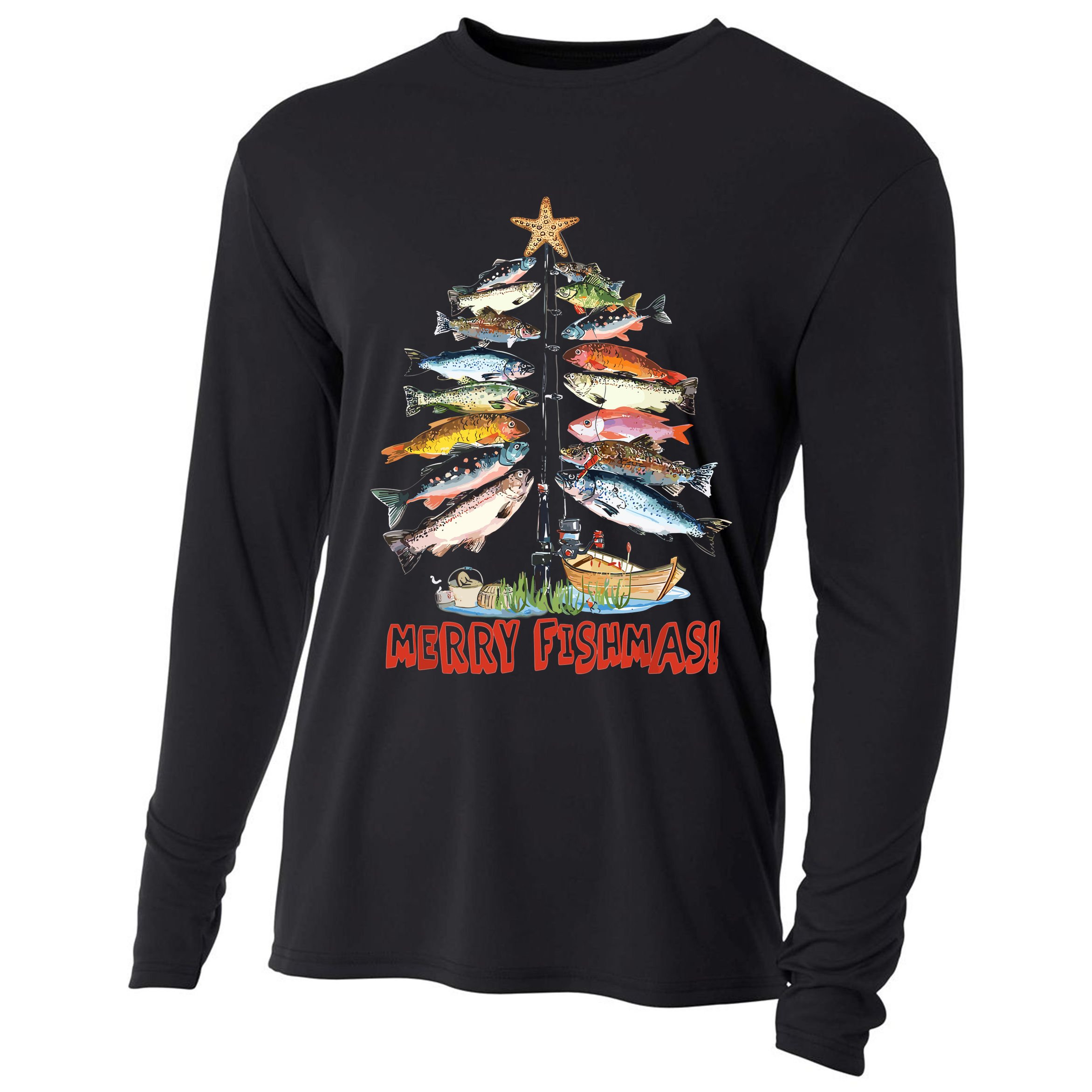 Merry Fishmas Christmas Tree Fish Funny Fishing Cooling Performance Long Sleeve Crew
