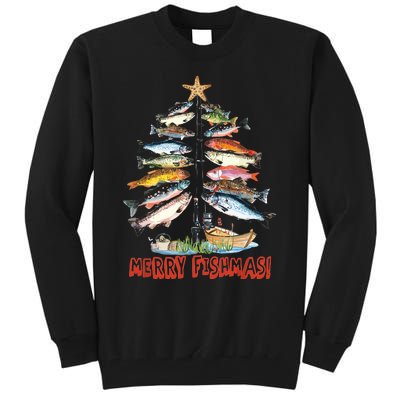 Merry Fishmas Christmas Tree Fish Funny Fishing Tall Sweatshirt