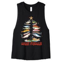 Merry Fishmas Christmas Tree Fish Funny Fishing Women's Racerback Cropped Tank