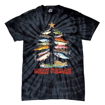 Merry Fishmas Christmas Tree Fish Funny Fishing Tie-Dye T-Shirt