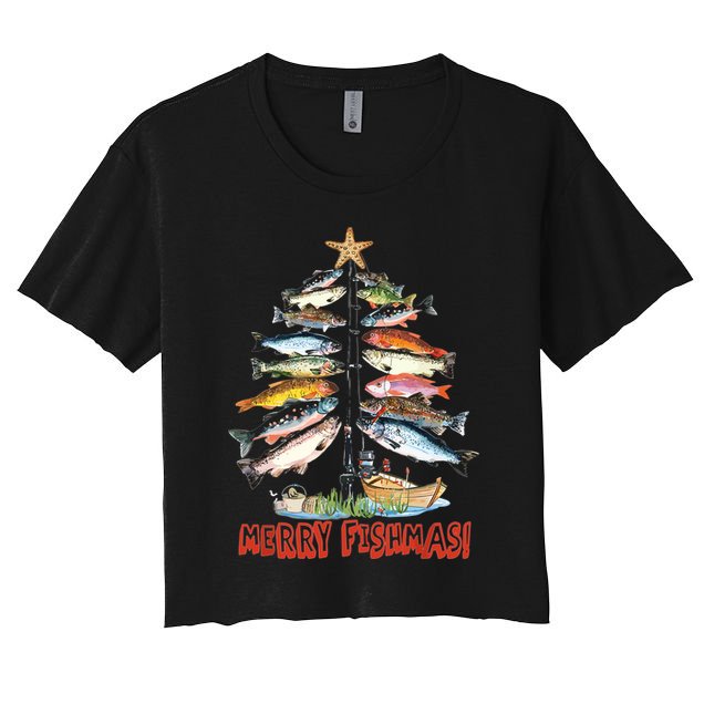 Merry Fishmas Christmas Tree Fish Funny Fishing Women's Crop Top Tee