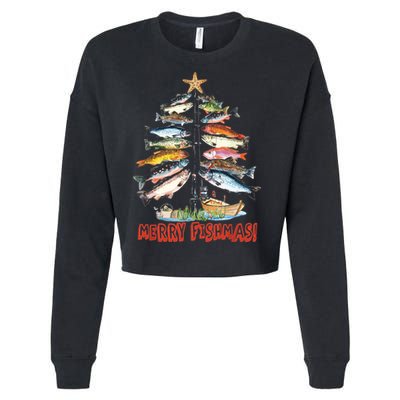 Merry Fishmas Christmas Tree Fish Funny Fishing Cropped Pullover Crew