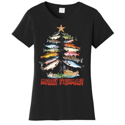 Merry Fishmas Christmas Tree Fish Funny Fishing Women's T-Shirt