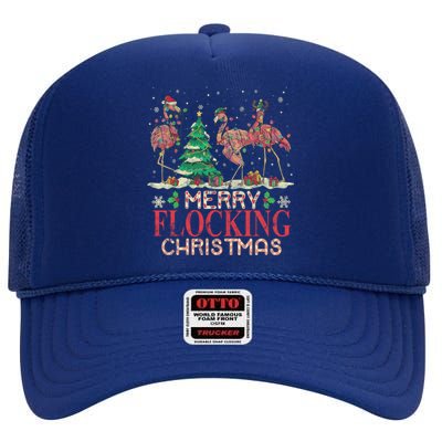 Merry Flocking Christmas Funny Lovely Flamingo Gift High Crown Mesh Back Trucker Hat