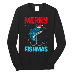 Merry Fishmas Christmas Funny Fishing Fish Santa Snow Gifts Long Sleeve Shirt