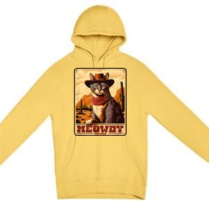 Meowdy! Funny Country Music Cat Cowboy Hat Wanted Poster Premium Pullover Hoodie