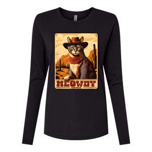 Meowdy! Funny Country Music Cat Cowboy Hat Wanted Poster Womens Cotton Relaxed Long Sleeve T-Shirt