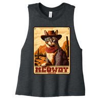 Meowdy! Funny Country Music Cat Cowboy Hat Wanted Poster Women's Racerback Cropped Tank