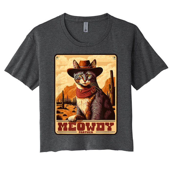 Meowdy! Funny Country Music Cat Cowboy Hat Wanted Poster Women's Crop Top Tee