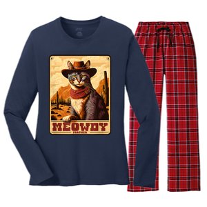 Meowdy! Funny Country Music Cat Cowboy Hat Wanted Poster Women's Long Sleeve Flannel Pajama Set 