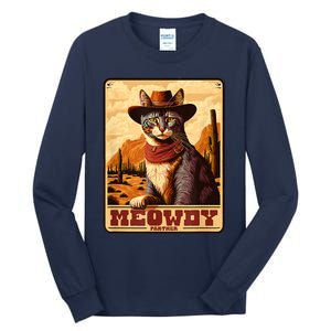 Meowdy! Funny Country Music Cat Cowboy Hat Wanted Poster Tall Long Sleeve T-Shirt