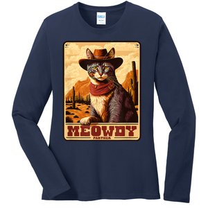 Meowdy! Funny Country Music Cat Cowboy Hat Wanted Poster Ladies Long Sleeve Shirt