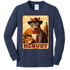 Meowdy! Funny Country Music Cat Cowboy Hat Wanted Poster Kids Long Sleeve Shirt