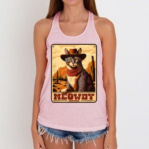 Meowdy! Funny Country Music Cat Cowboy Hat Wanted Poster Women's Knotted Racerback Tank